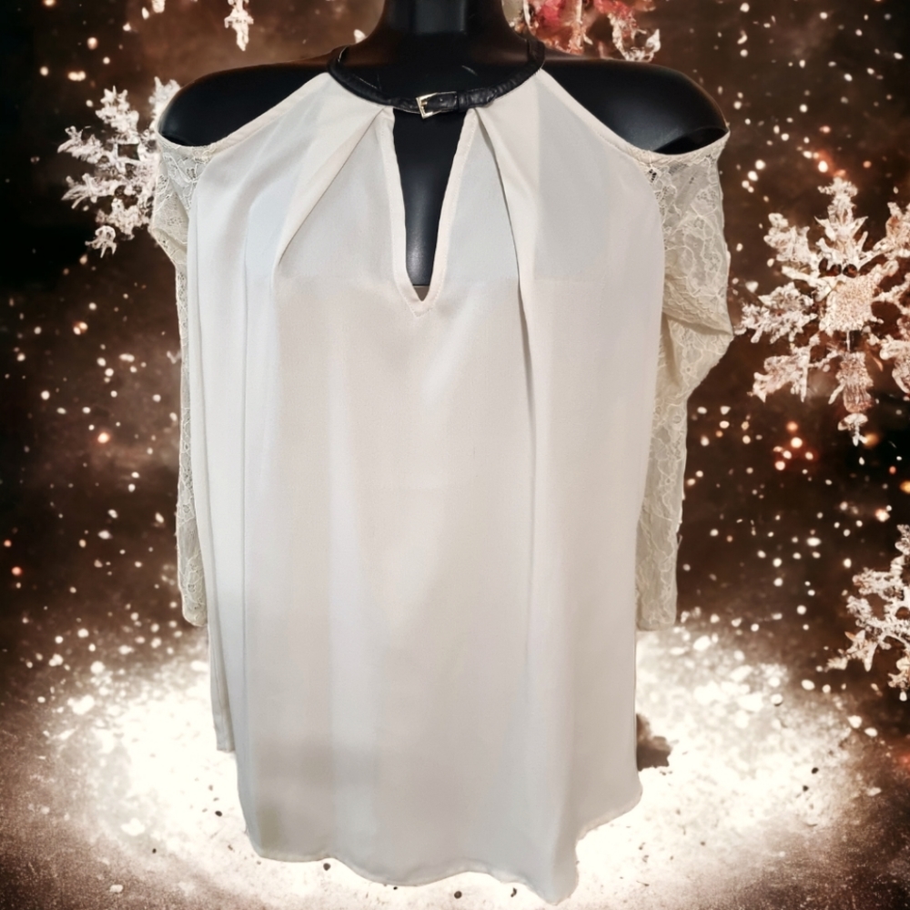 Black Collection Cold Shoulder Lace Sleeve With Faux Leather Belt Collar